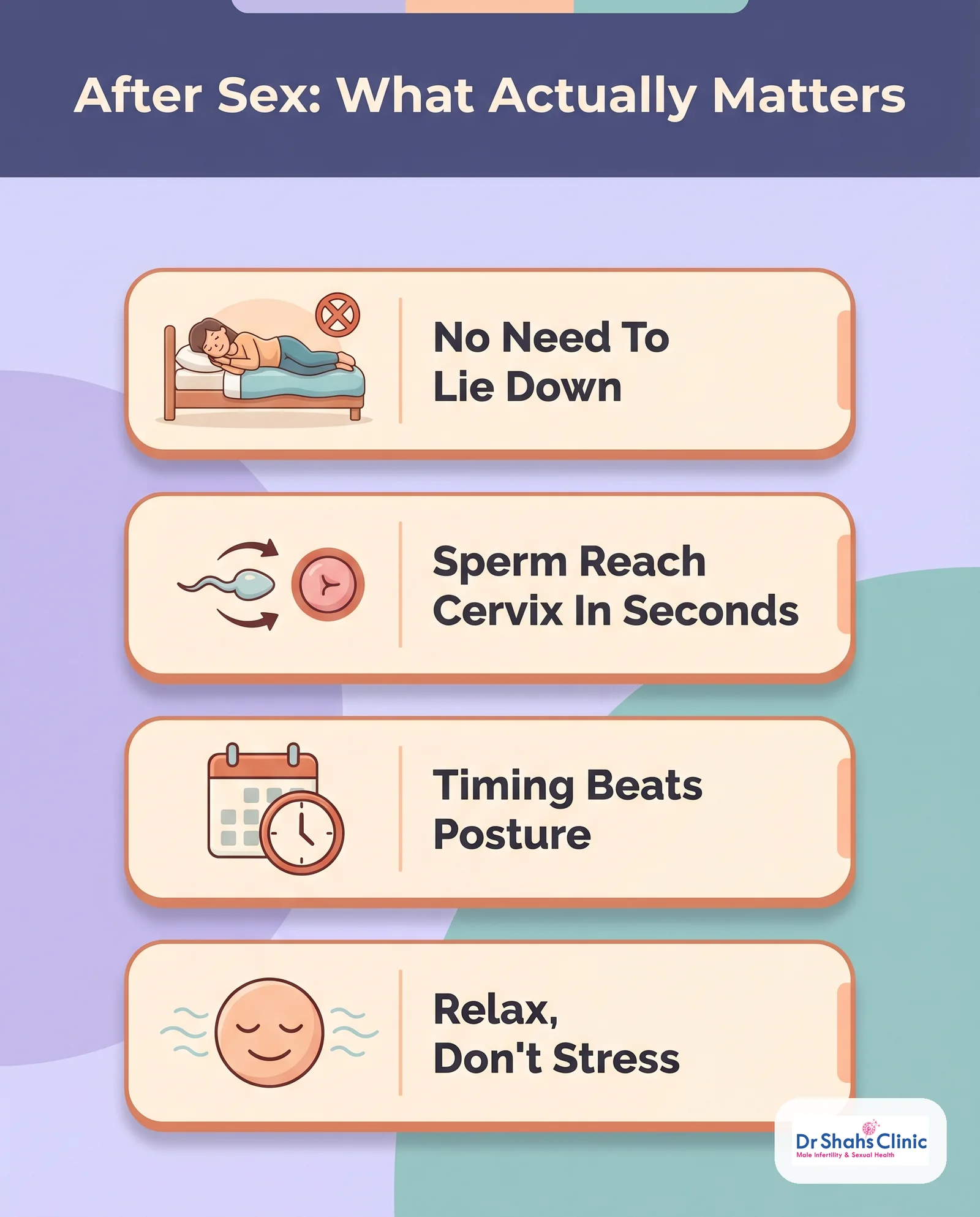 After sex, what actually matters: no need to lie down, sperm reach the cervix in seconds, timing beats posture, relax and don't stress