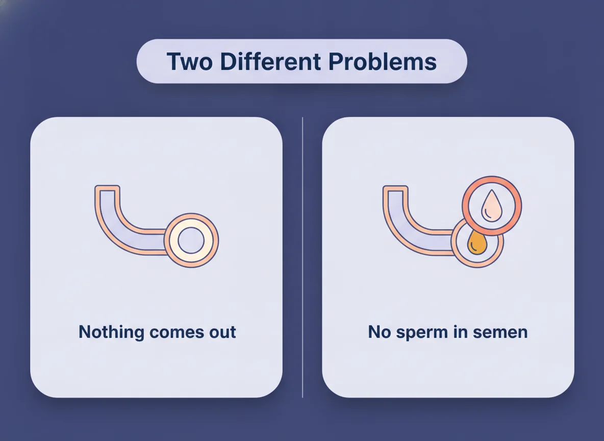 Comparison diagram of aspermia, where no semen comes out at all, versus azoospermia, where semen comes out but contains no sperm