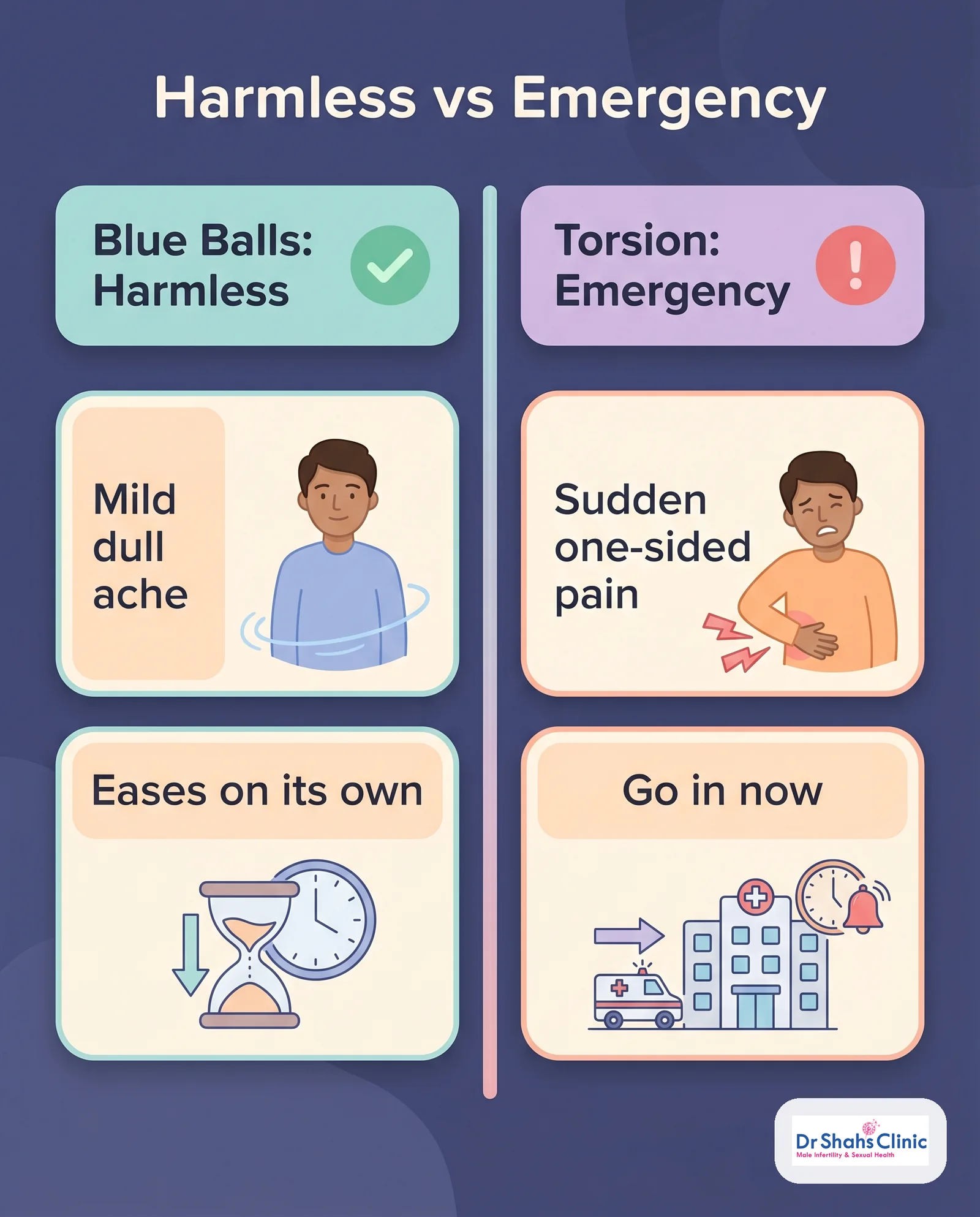 Infographic: harmless blue balls vs an emergency like testicular torsion