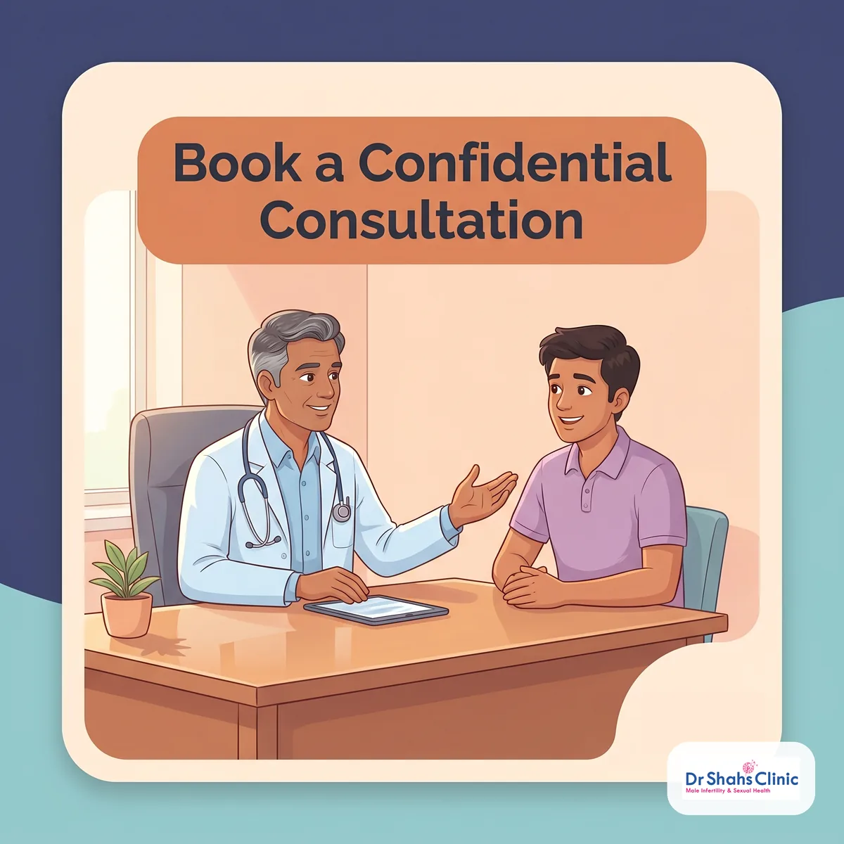 Andrologist counselling a young man at Dr Shah's Clinic — book a confidential consultation for porn-induced erectile dysfunction
