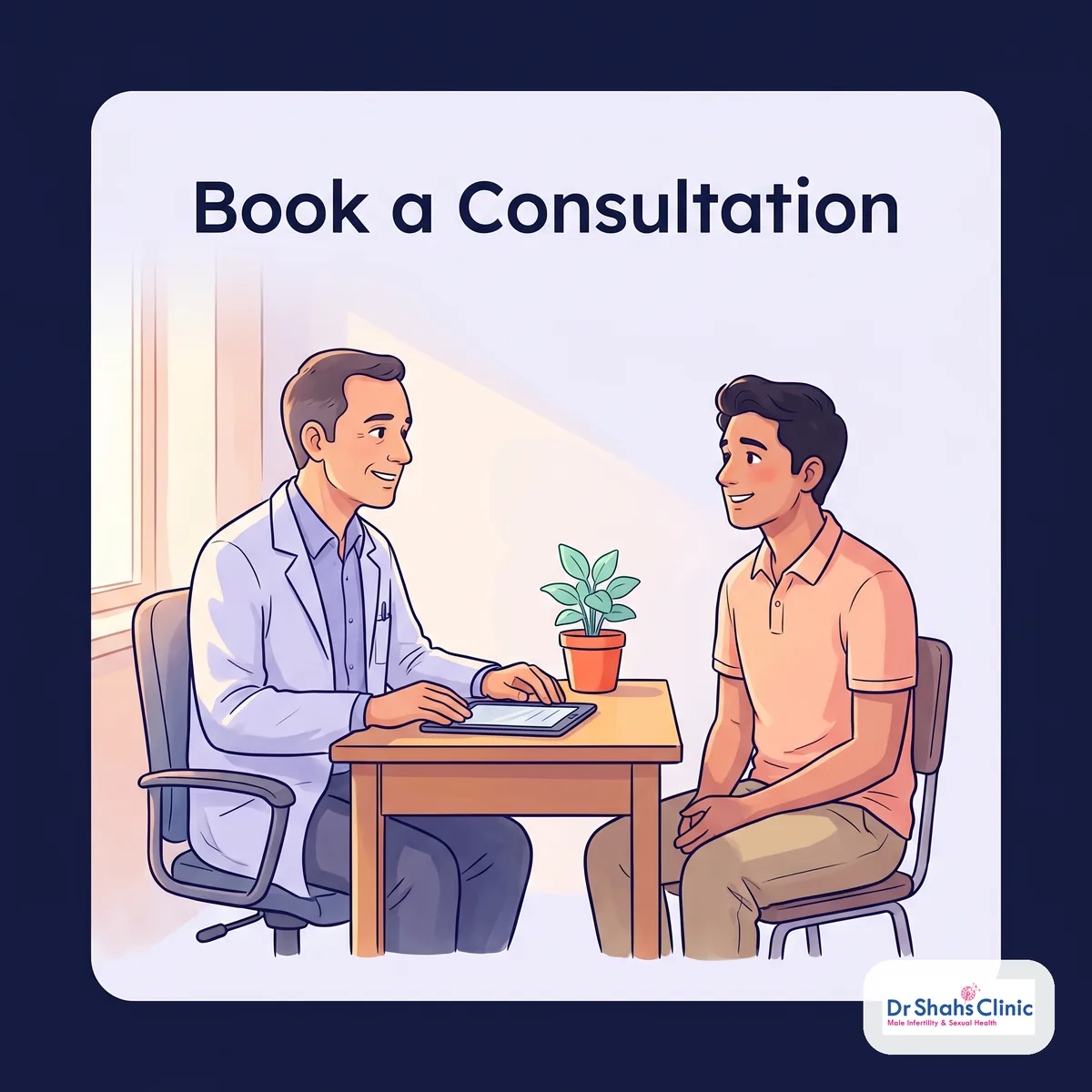Warm illustration of an andrologist reassuring a relieved couple, inviting the reader to book a consultation about a dry orgasm or no semen on ejaculation