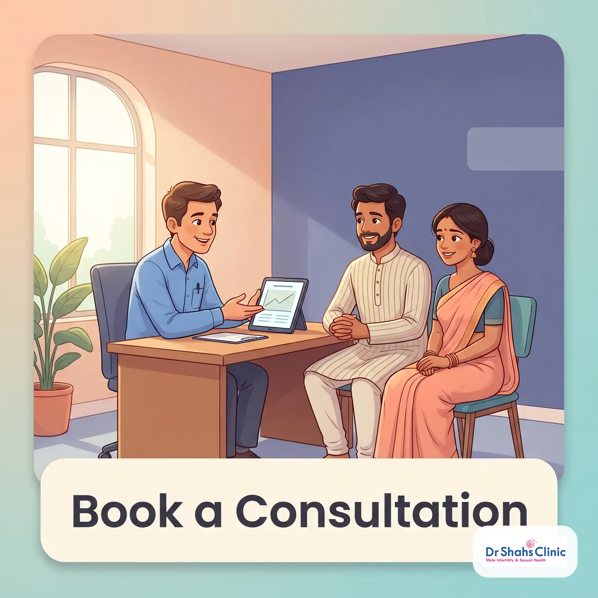Warm illustration of an andrologist reassuring a relieved young Indian couple in a calm consultation room, inviting the reader to book a consultation about low sperm motility