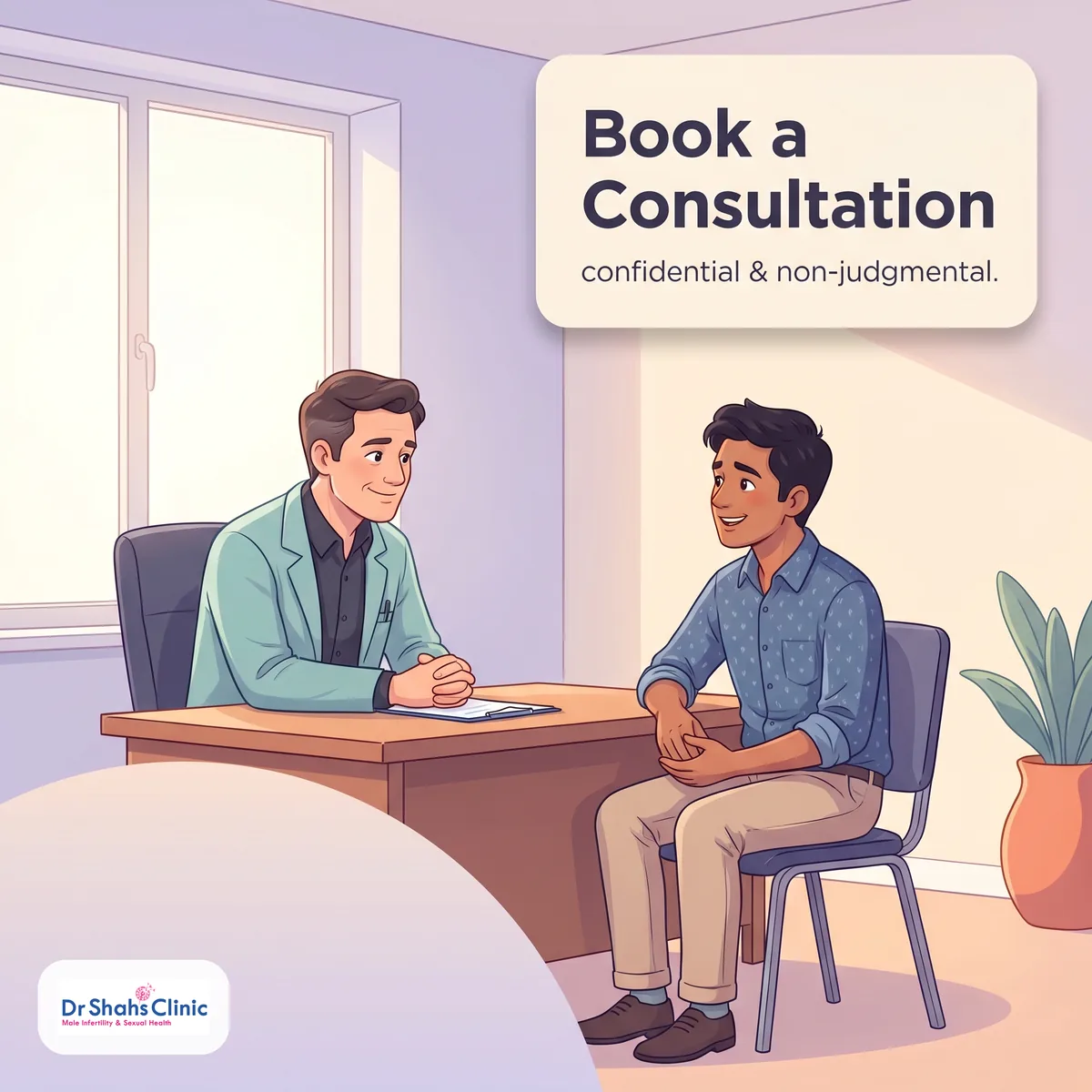 Warm andrology consultation room where a compassionate doctor reassures a relieved young man, inviting a confidential consultation about prone masturbation and retraining