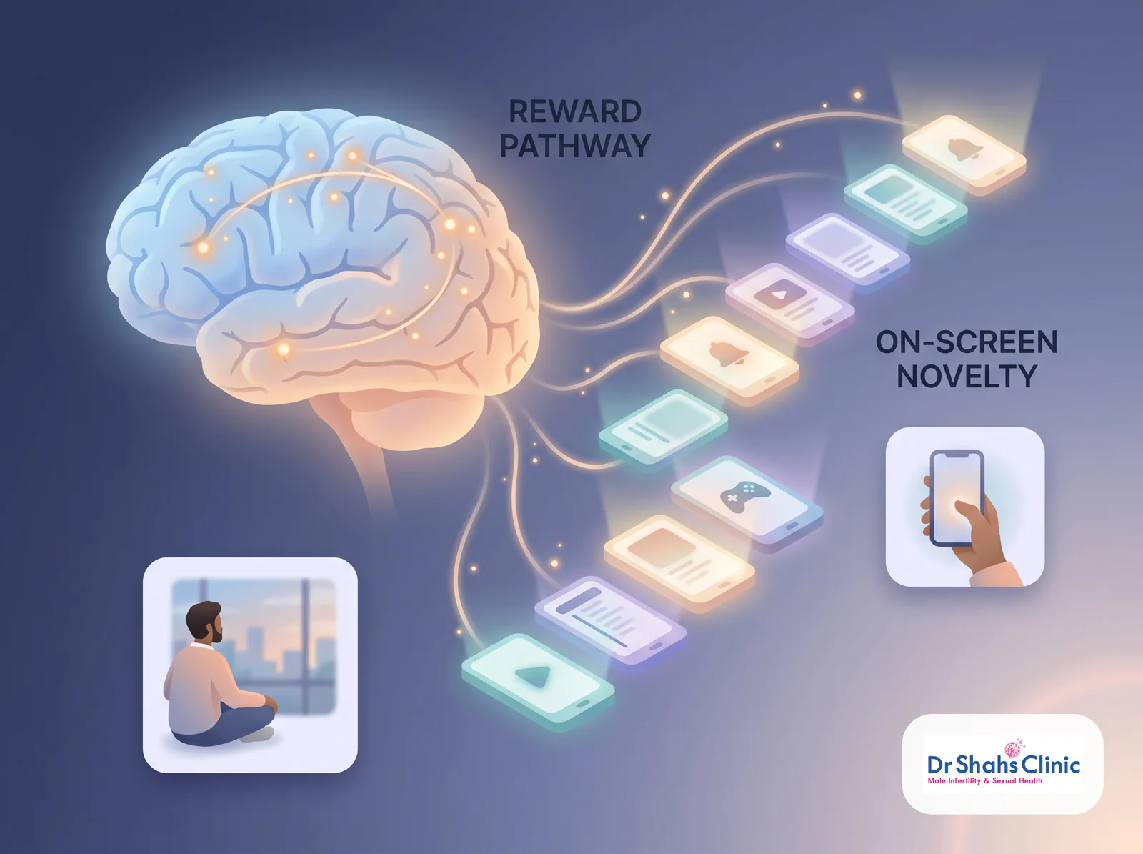 Diagram of the brain's reward pathway lighting up to on-screen novelty, showing how compulsive pornography conditions arousal and drives porn-induced erectile dysfunction
