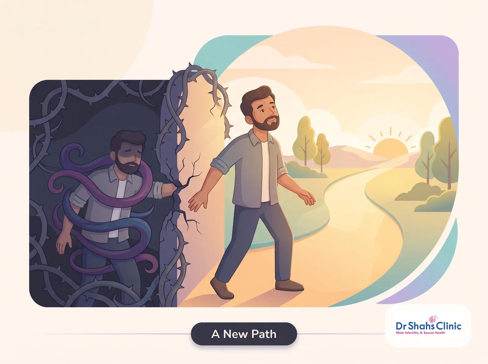 Metaphor illustration of a man stepping out of dark tangled vines into warm light, symbolising breaking free from compulsive porn habits