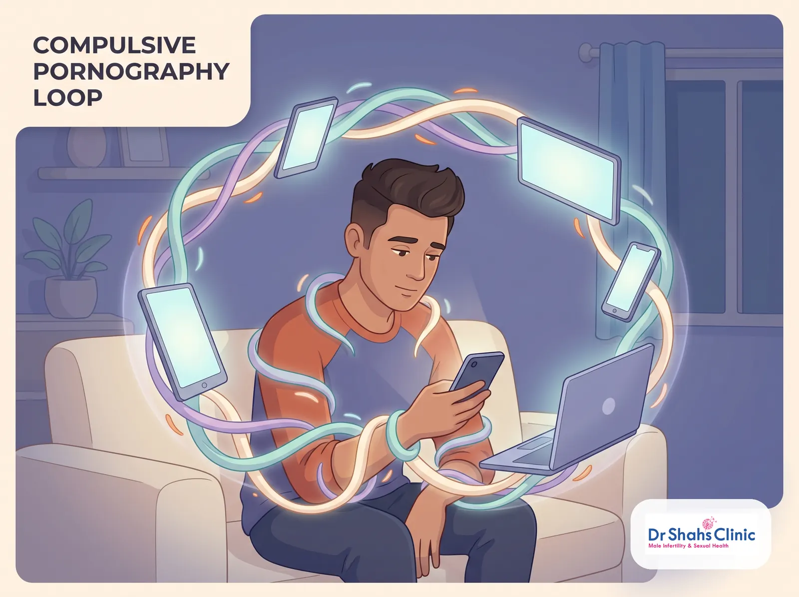 Diagram of a man caught in an escalating compulsive-pornography loop that drives low libido and erectile difficulty