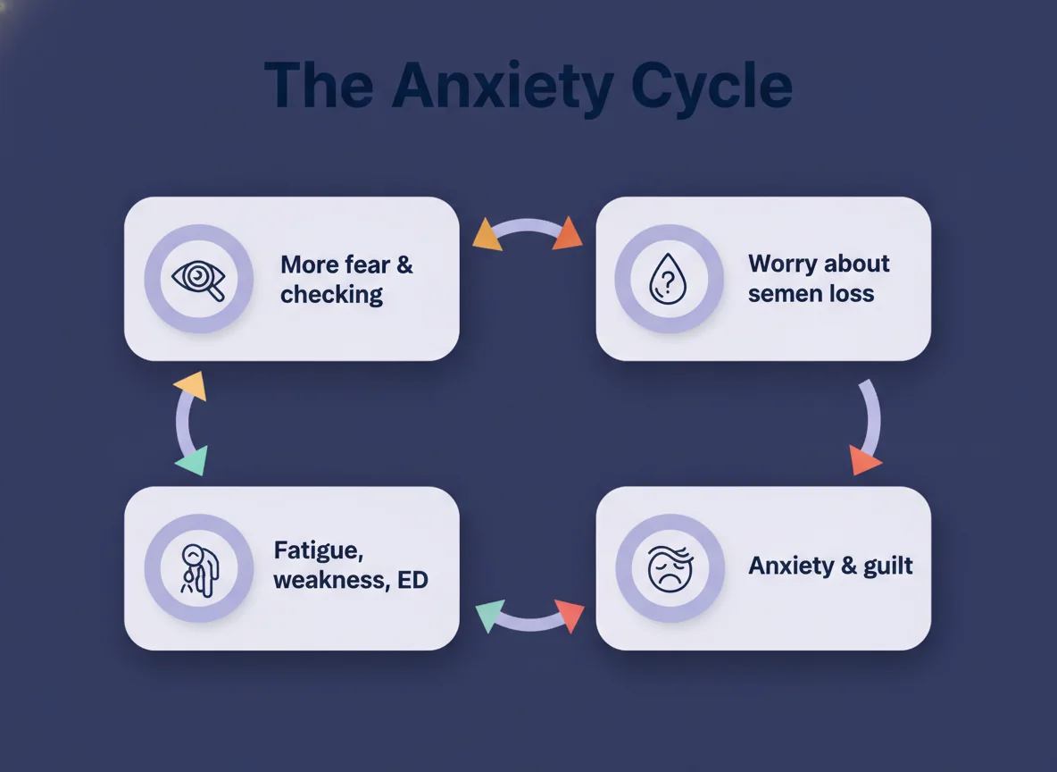 Diagram of the Dhat syndrome anxiety cycle: worry about semen loss feeds anxiety and guilt, which drive fatigue, weakness and erectile difficulty, fuelling more fear