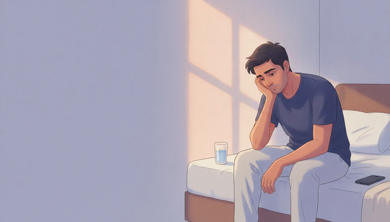 A weary, low and anxious young Indian man sitting alone on his bed in the early morning, showing the real fatigue and worry of Dhat syndrome