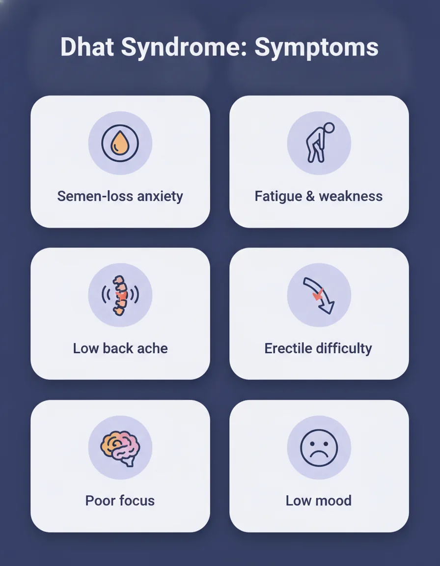 Infographic of the real Dhat syndrome symptom cluster: semen-loss anxiety, fatigue and weakness, low back ache, erectile difficulty, poor focus and low mood