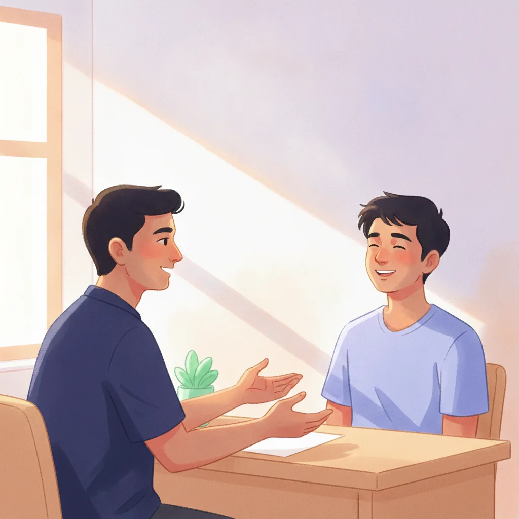 A kind andrologist reassuring a relieved young man in a bright consultation room, showing that Dhat syndrome is very treatable