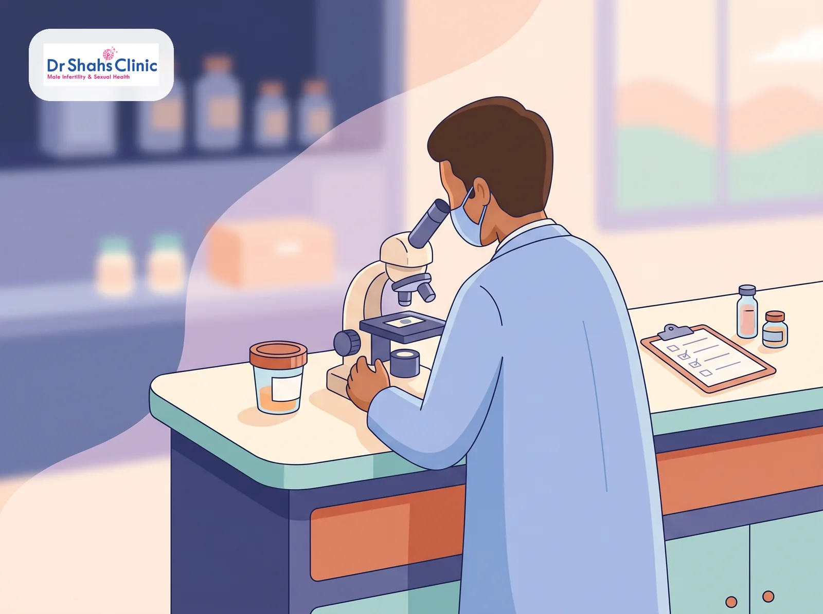 A clinic lab testing motif: a sample cup beside a microscope and a checklist for urine and semen culture