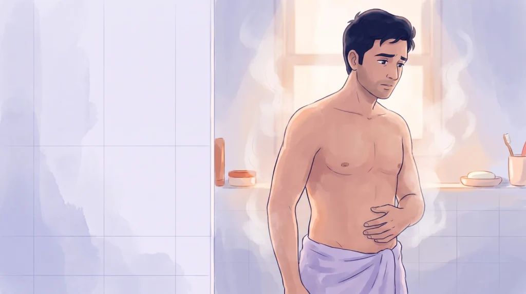 A worried but reassured Indian man in a softly lit bathroom after a shower, having found a lump on his testicle that is most likely harmless