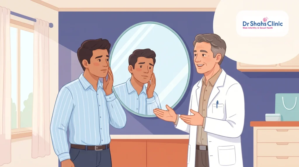 A young man examining his skin in a mirror, reassured by a calm male doctor in a Chennai clinic