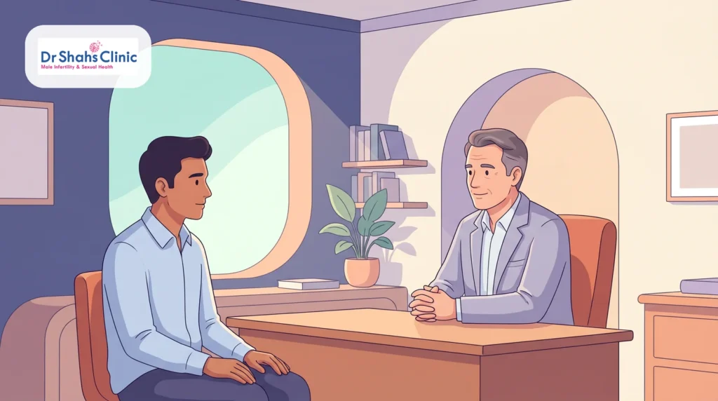 A young man in a reassuring consultation with a calm male andrologist about delayed ejaculation