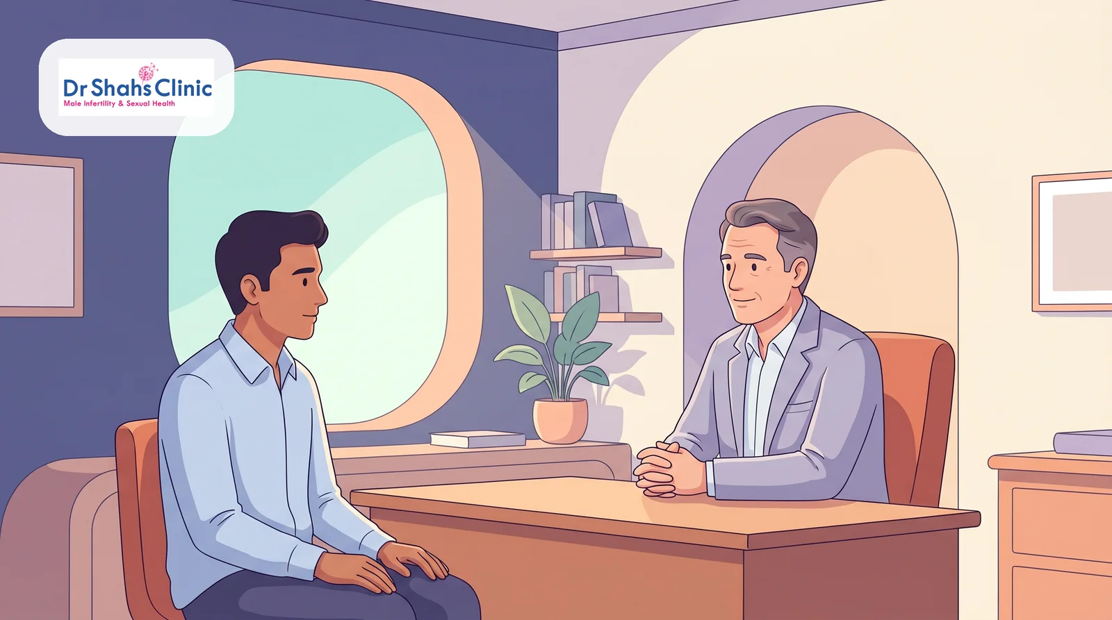 A young man in a reassuring consultation with a calm male andrologist about delayed ejaculation