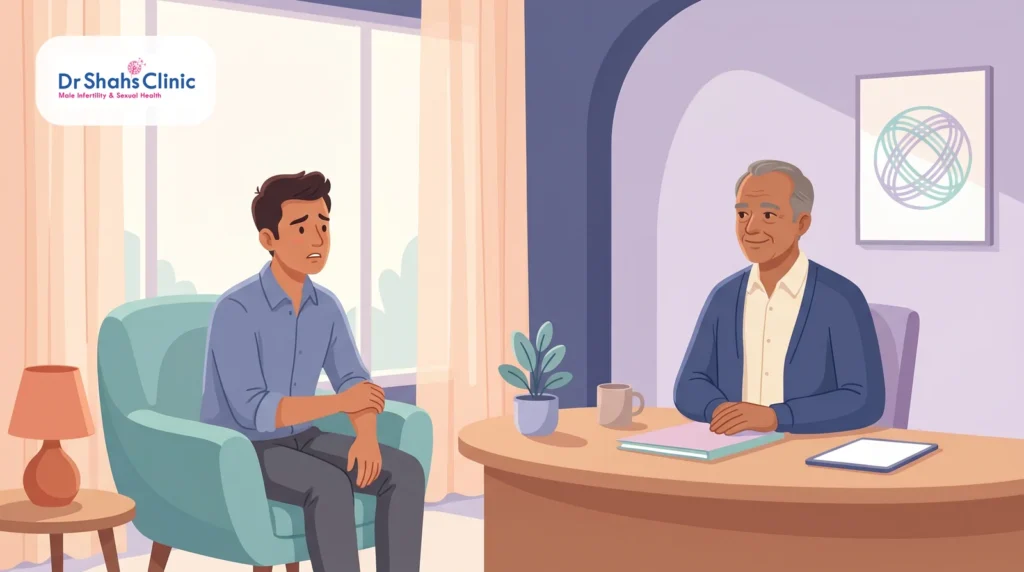 A worried young man in a reassuring consultation with a calm male andrologist about erection concerns