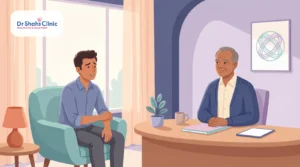 A worried young man in a reassuring consultation with a calm male andrologist about erection concerns