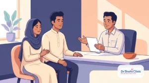 A young couple discussing fertility with a calm male andrologist in a Chennai clinic