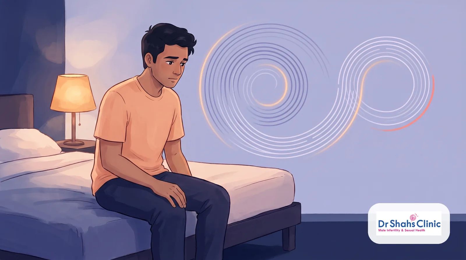 Pensive young Indian man sitting on the edge of his bed at night, reflecting the worry and self-doubt that surround premature ejaculation and rushed masturbation habits