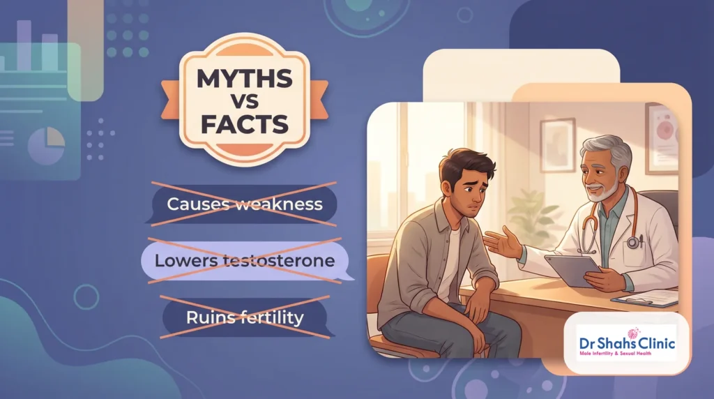Hero illustration of a worried young Indian man finding calm, honest medical guidance about masturbation side effects, weakness and Dhat syndrome