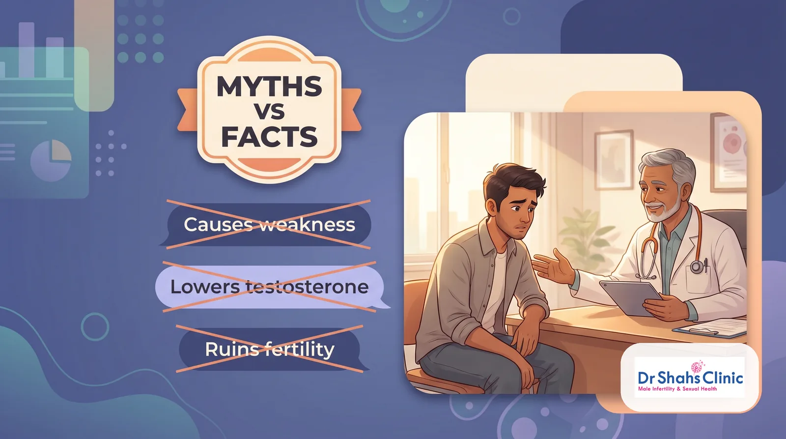 Hero illustration of a worried young Indian man finding calm, honest medical guidance about masturbation side effects, weakness and Dhat syndrome