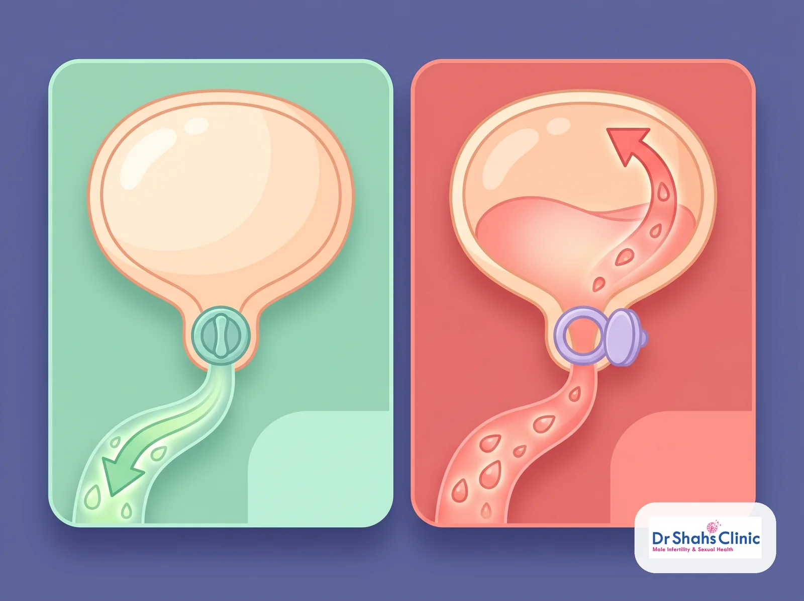 Text-free diagram of the bladder-neck valve, contrasting forward ejaculation with backward flow of semen into the bladder in retrograde ejaculation