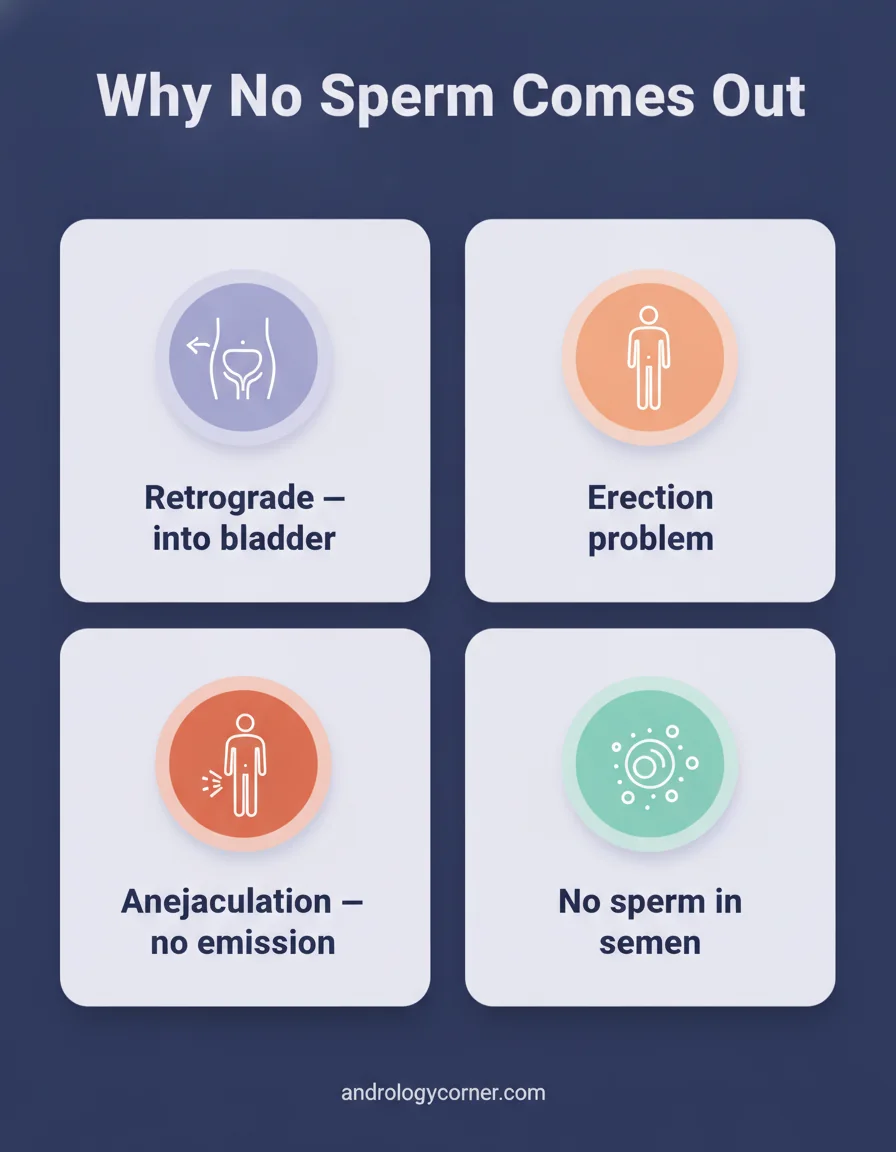 Infographic of the four reasons no sperm comes out: retrograde ejaculation into the bladder, an erection problem, anejaculation with no emission, and azoospermia with no sperm in the semen