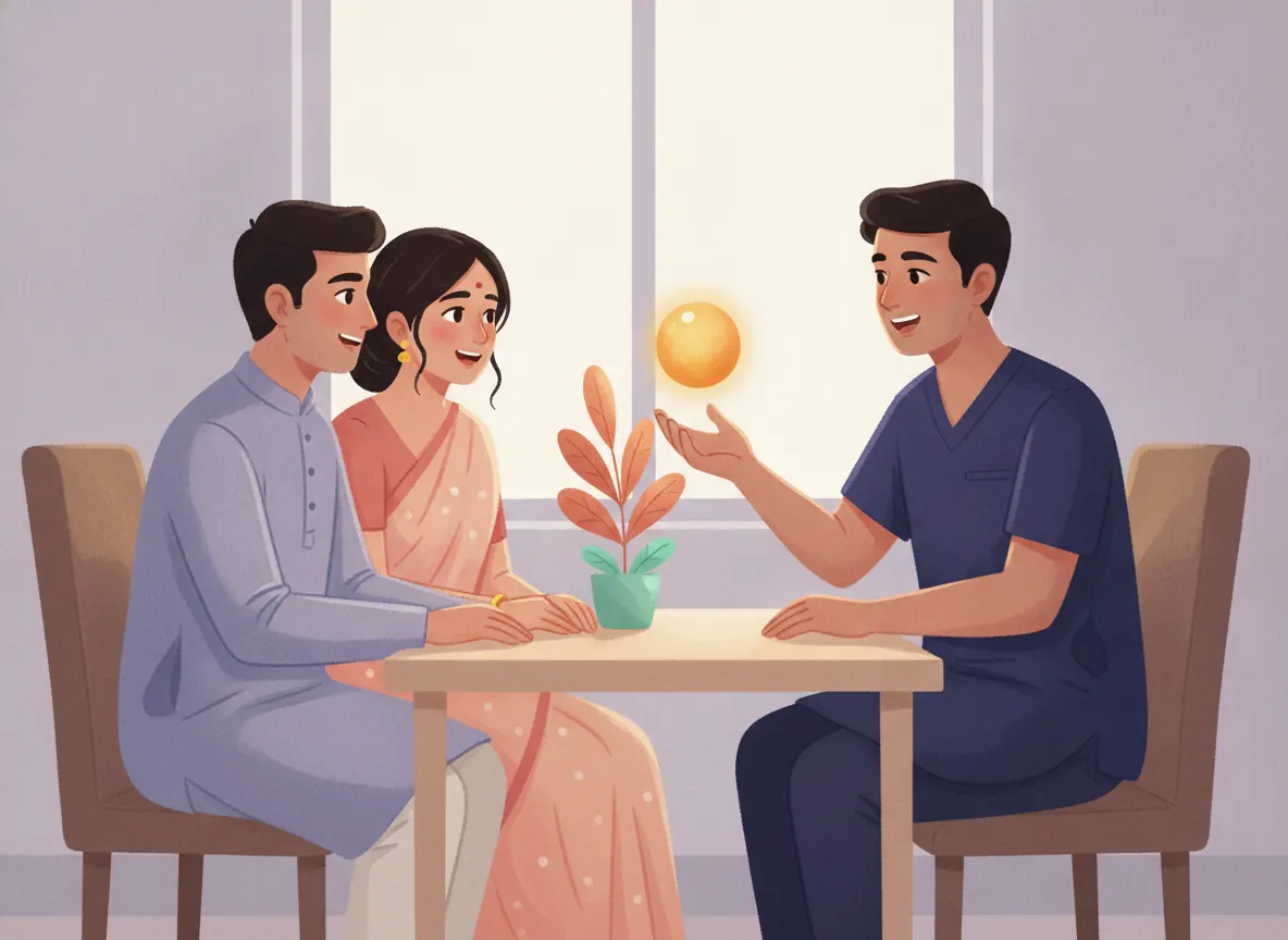A hopeful young Indian couple reassured by a friendly doctor that fatherhood is still possible after a dry orgasm