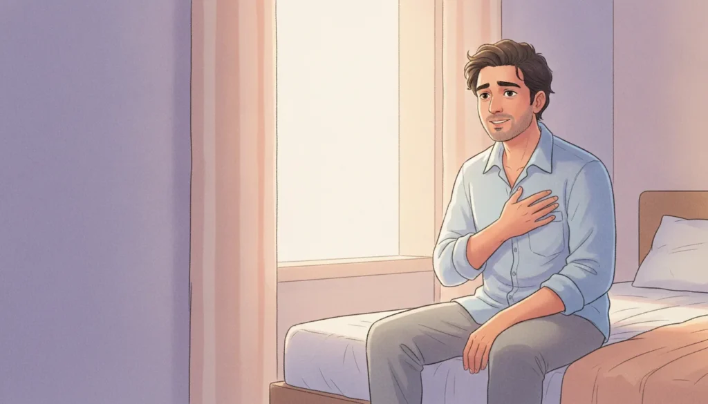 A worried but hopeful Indian man taking a steadying breath in morning light, after a dry orgasm where no semen came out