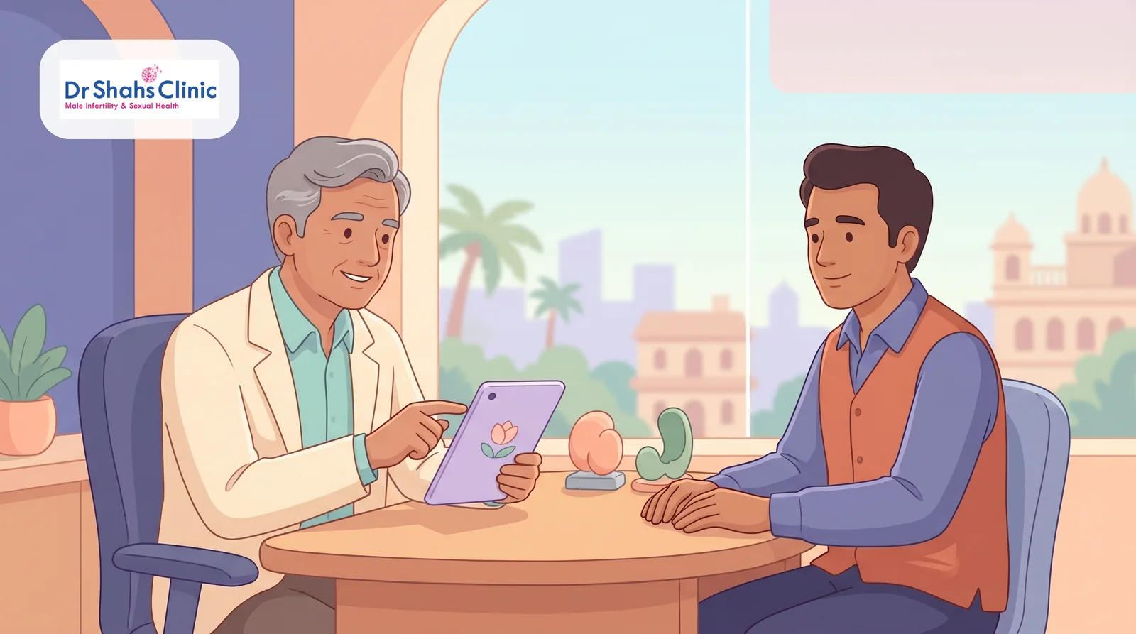 A man in a calm, reassuring consultation with a male andrologist about phimosis surgery in Chennai and circumcision