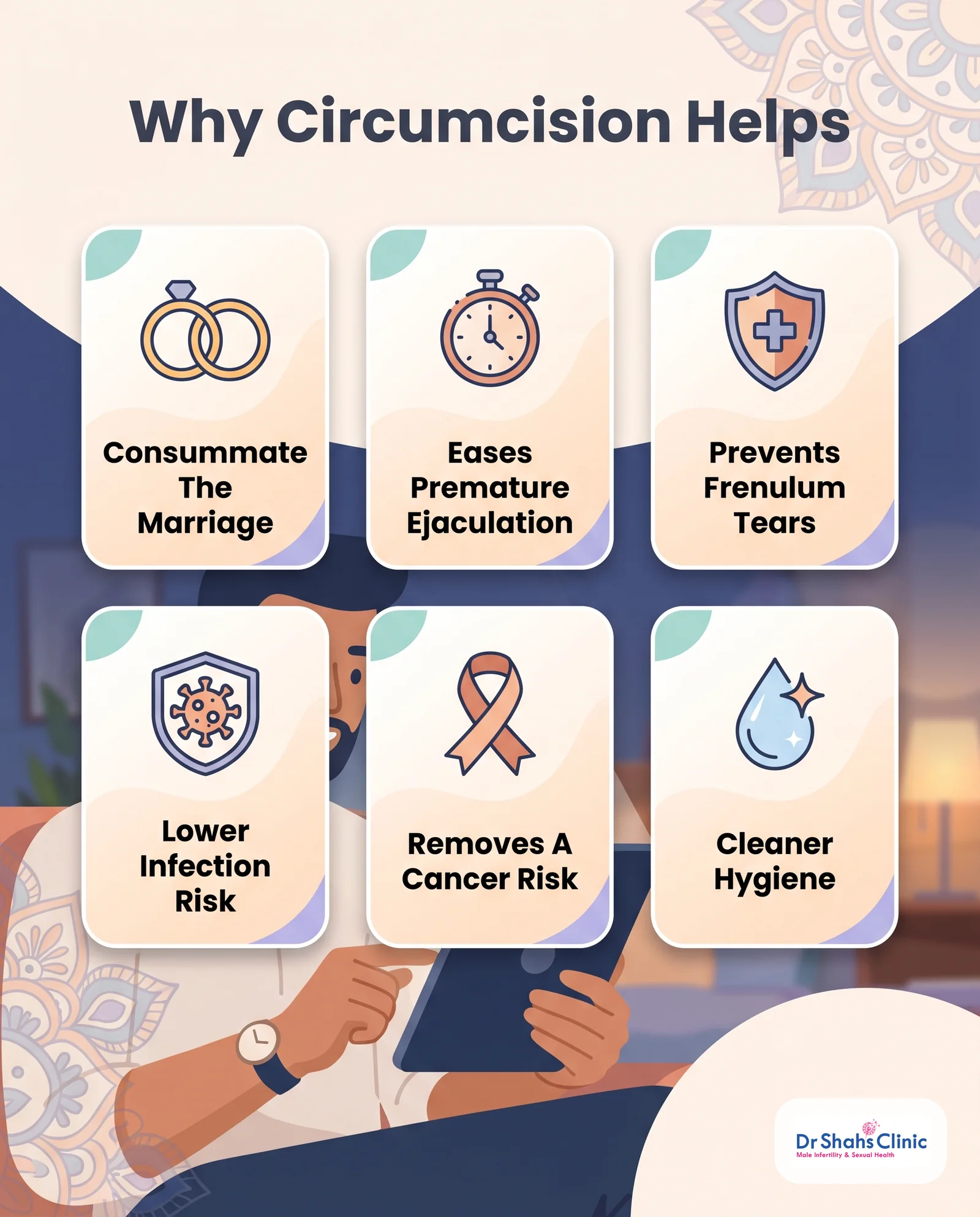 Infographic: benefits of circumcision for adult phimosis - consummate marriage, settle premature ejaculation, prevent frenulum tears, lower STI risk, remove cancer risk factor, better hygiene