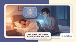 Young man distracted by his phone in bed while his partner sleeps, illustrating how porn-induced erectile dysfunction is an emotional and digital disconnect rather than a blood-vessel problem