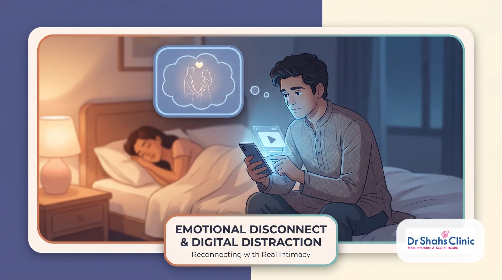 Young man distracted by his phone in bed while his partner sleeps, illustrating how porn-induced erectile dysfunction is an emotional and digital disconnect rather than a blood-vessel problem
