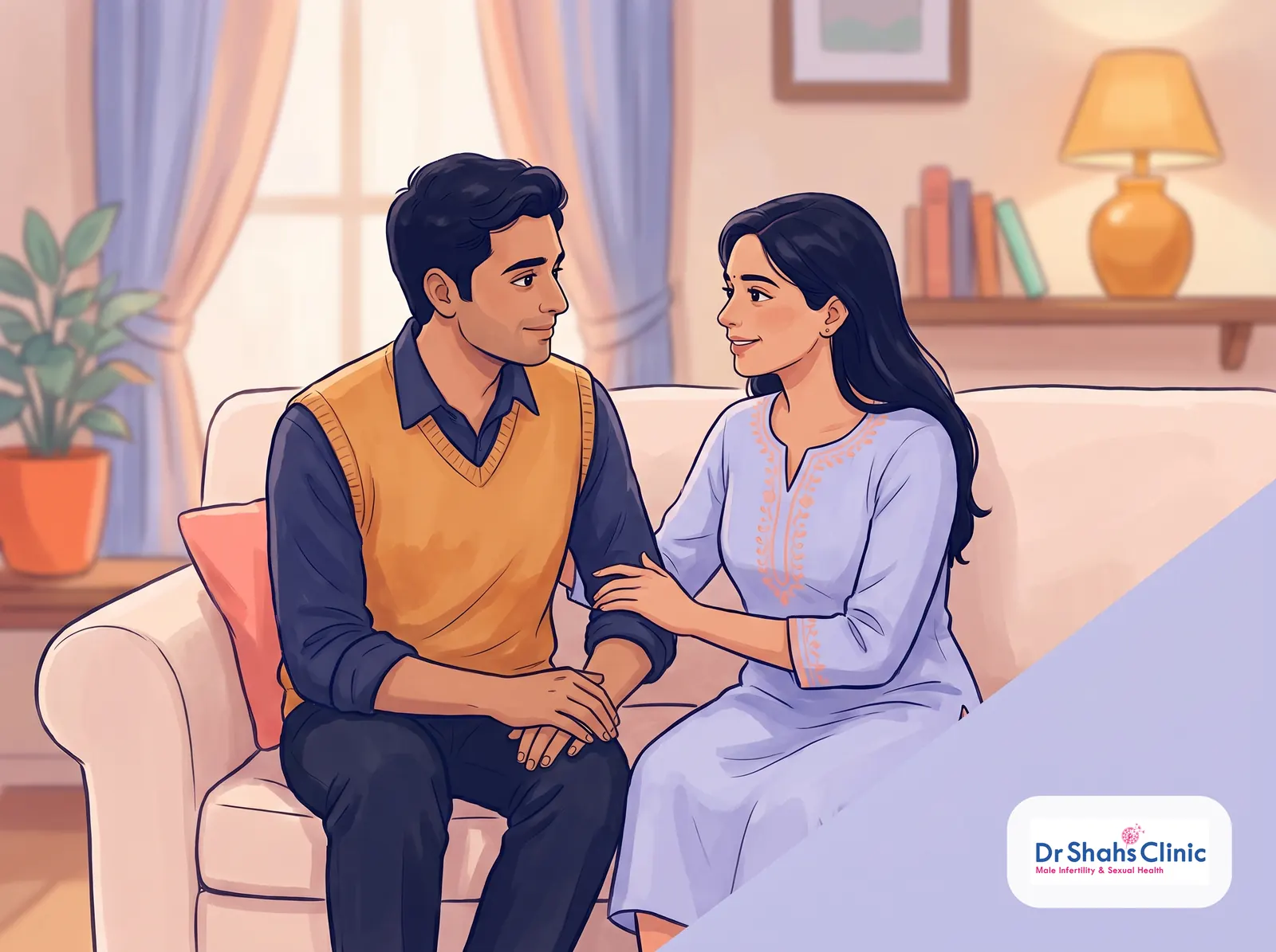 Warm illustration of a young Indian couple sitting close and talking calmly together at home, conveying that premature ejaculation is a shared, treatable concern a couple can work through together without shame