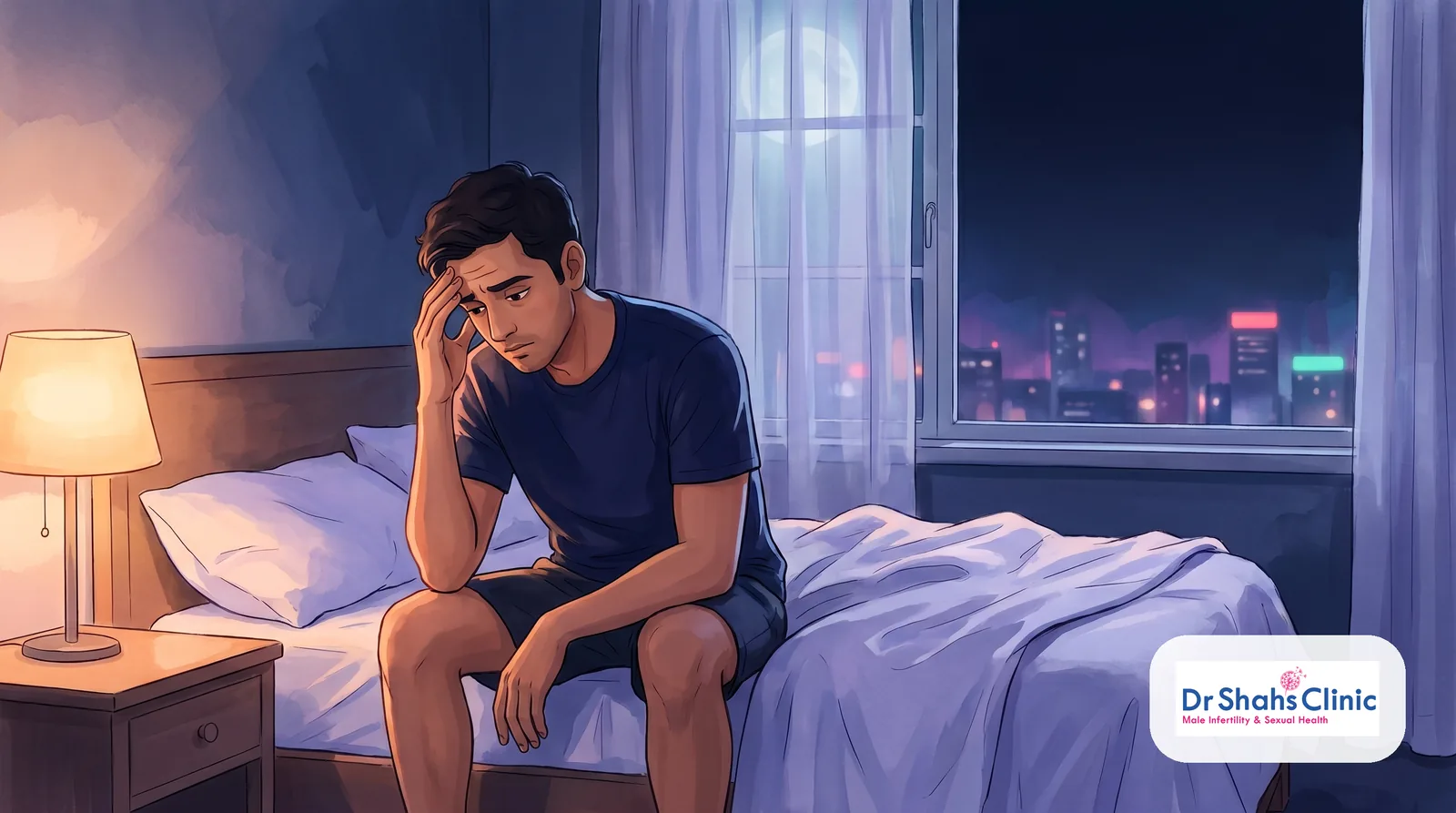 A young man sitting on the edge of his bed late at night, head resting on his hand, quietly worried — the private, sleepless anxiety many men feel about prone masturbation before marriage, with the reassurance that the conditioned habit can be retrained