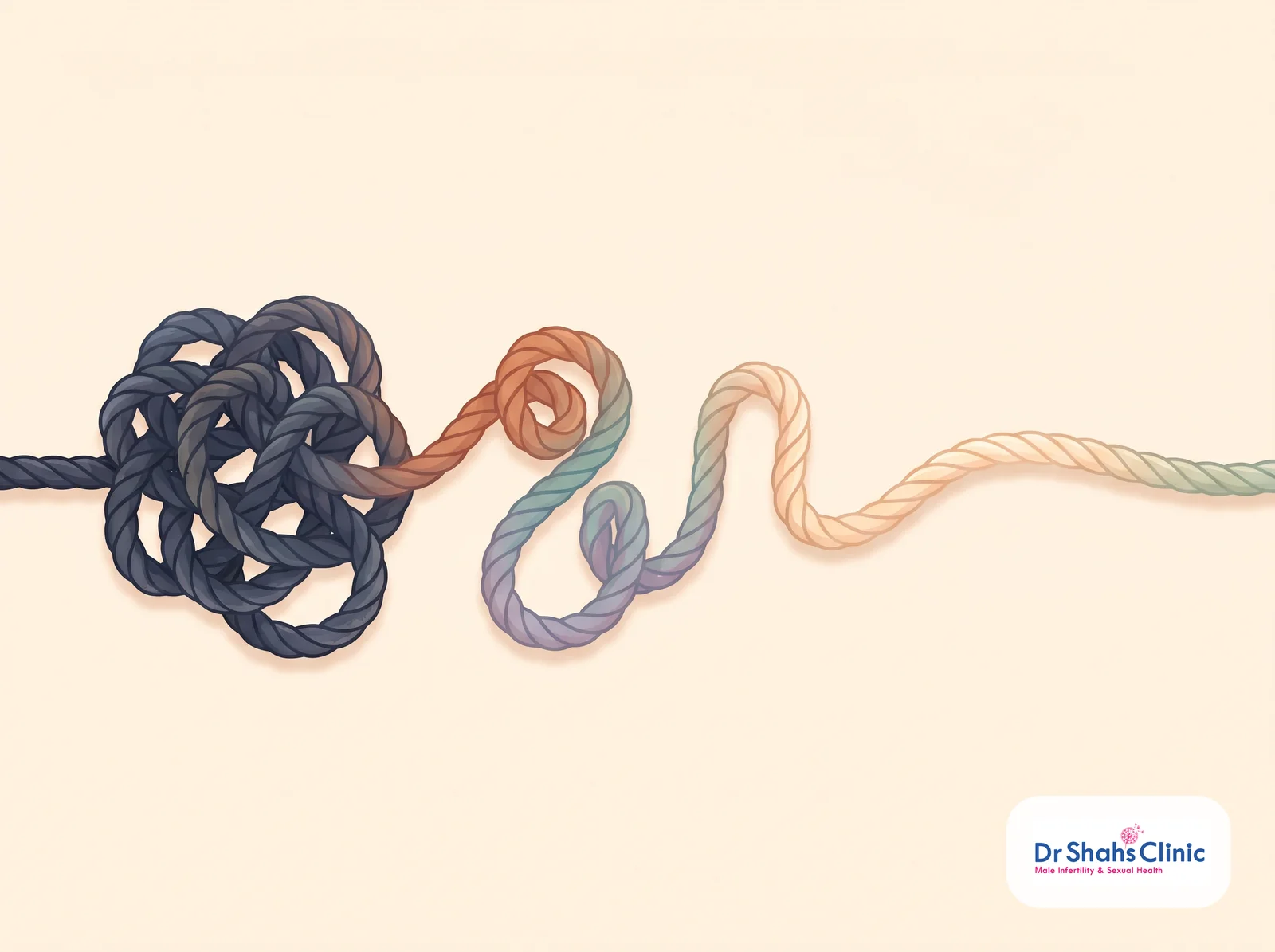 Text-free illustration of a single rope changing from a dark tangled knot into a smooth calm light line, a metaphor for retraining over-trained sensitivity