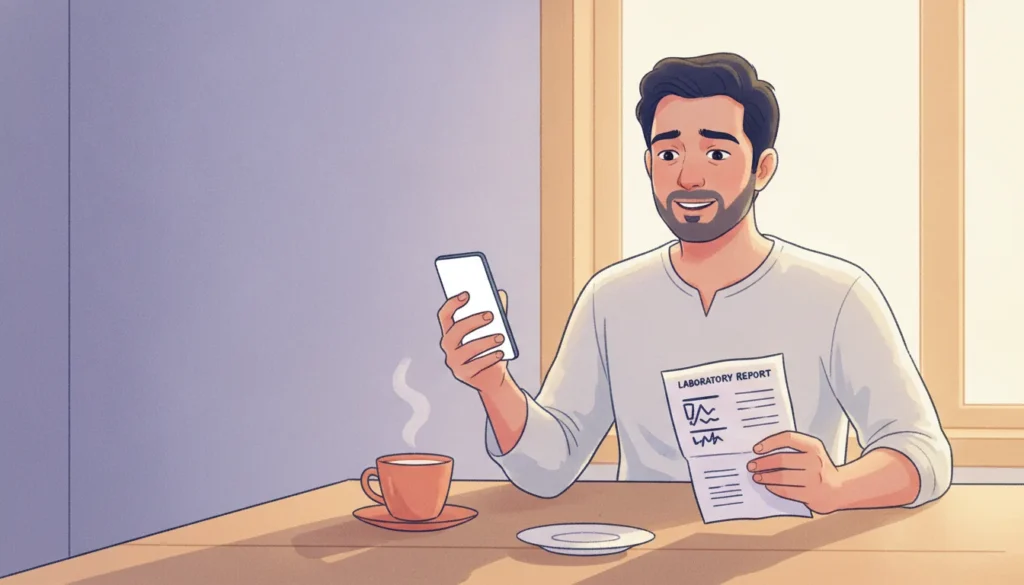 A relatable Indian man in early morning light reading his semen analysis and realising his pus cells in semen are within the normal range and usually harmless
