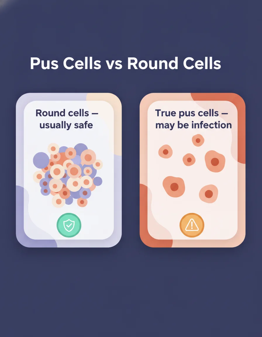 Pus cells vs round cells in semen Comparison infographic: most 'pus cells' on a semen report are harmless round cells (immature germ cells), while only true peroxidase-positive leukocytes signal possible infection