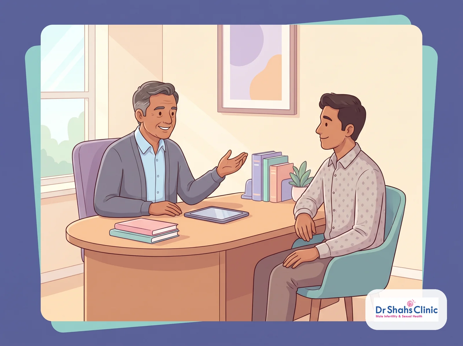 A calm andrologist reassuring a relieved young man that penis size does not stop him getting his partner pregnant