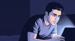 What happens if you release sperm daily — illustration of a young Indian man caught in the late-night porn and dopamine loop the article warns against