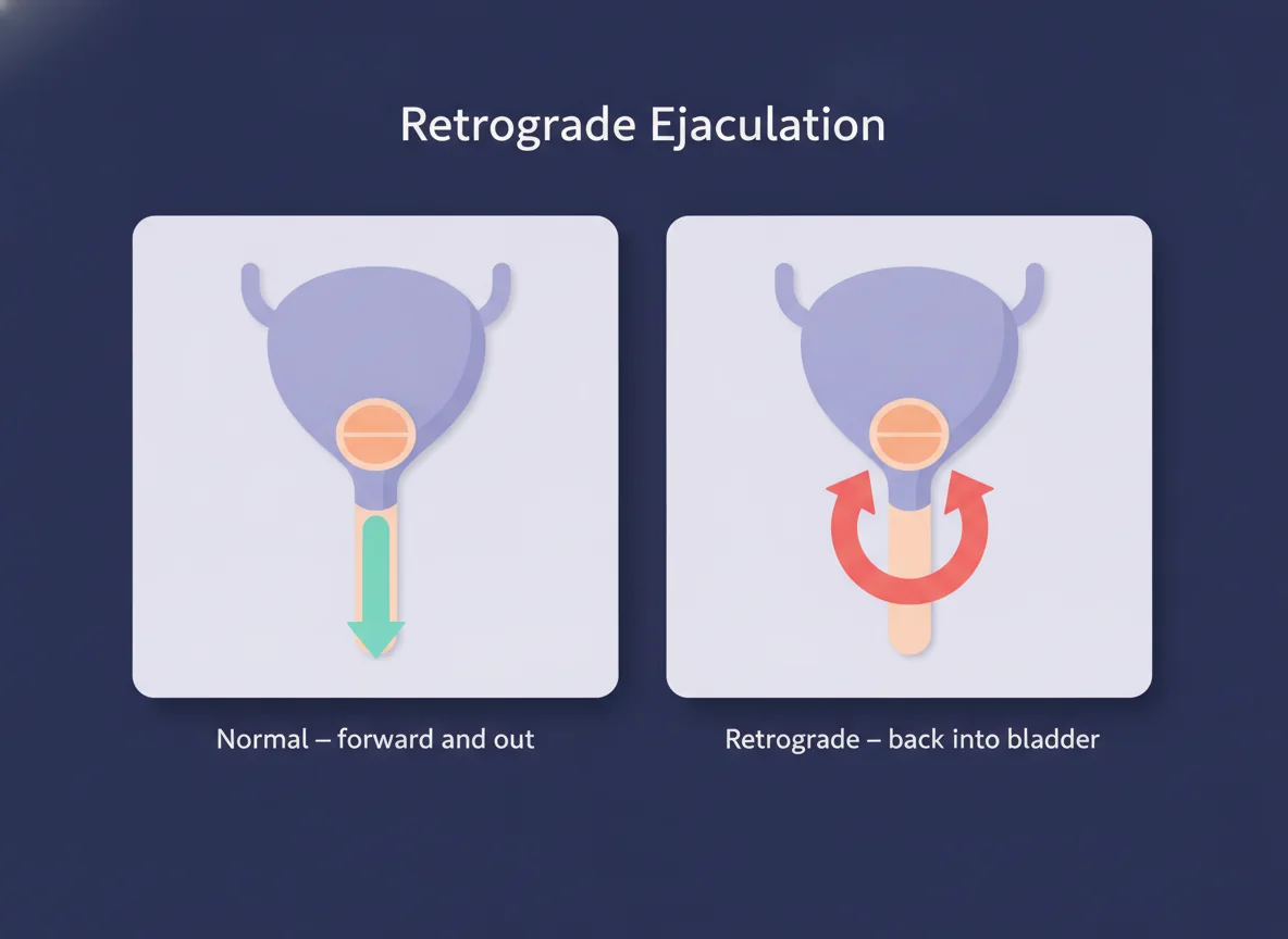 Retrograde ejaculation vs normal — bladder-neck valve Diagram comparing normal ejaculation, where the bladder-neck valve closes and semen goes forward and out, with retrograde ejaculation, where the valve stays open and semen flows back into the bladder