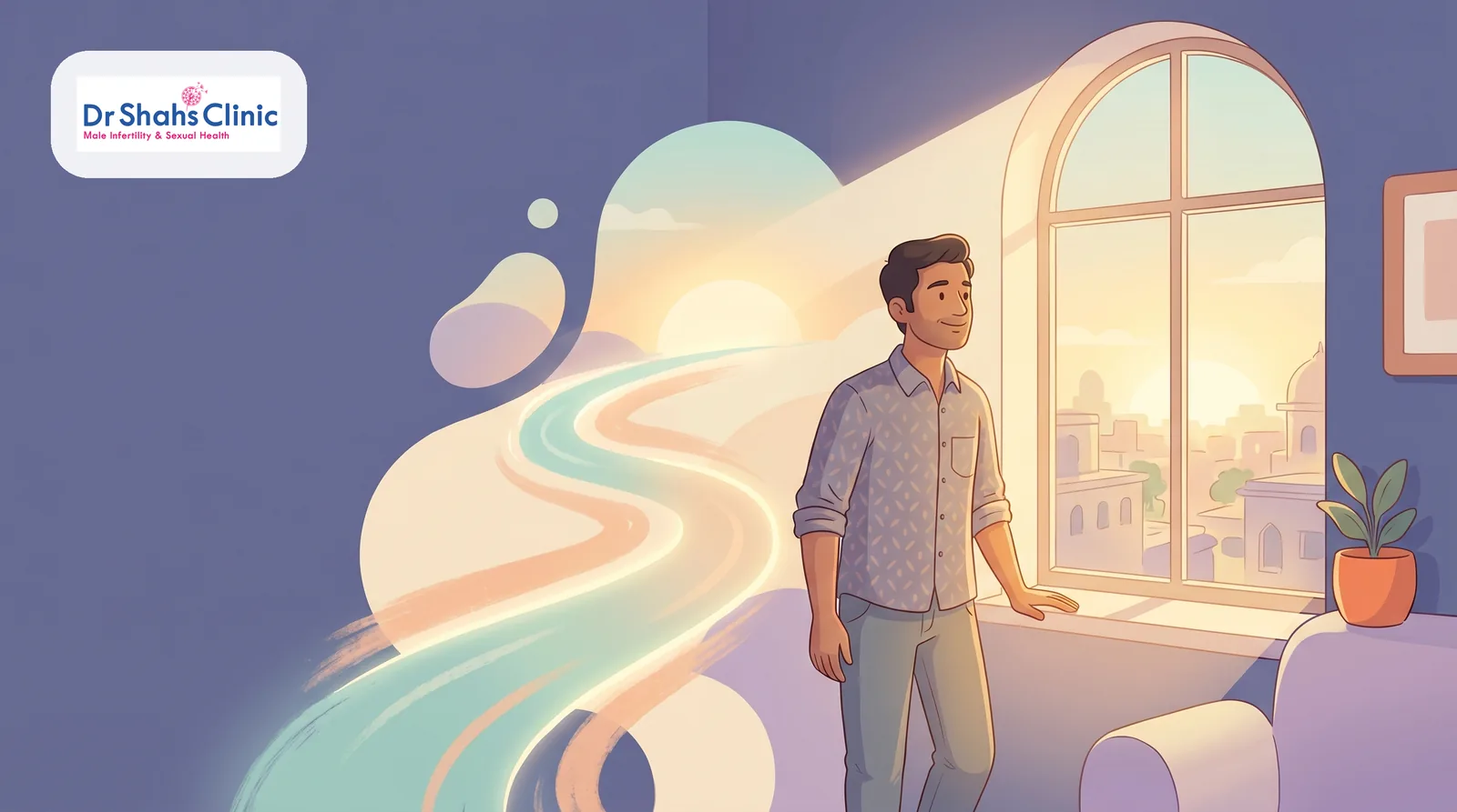 Warm, hopeful illustration reassuring a man that no semen on ejaculation is usually a treatable, recoverable problem