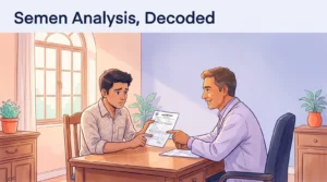 Worried young man reviewing his semen analysis report with a reassuring andrologist in a Chennai clinic