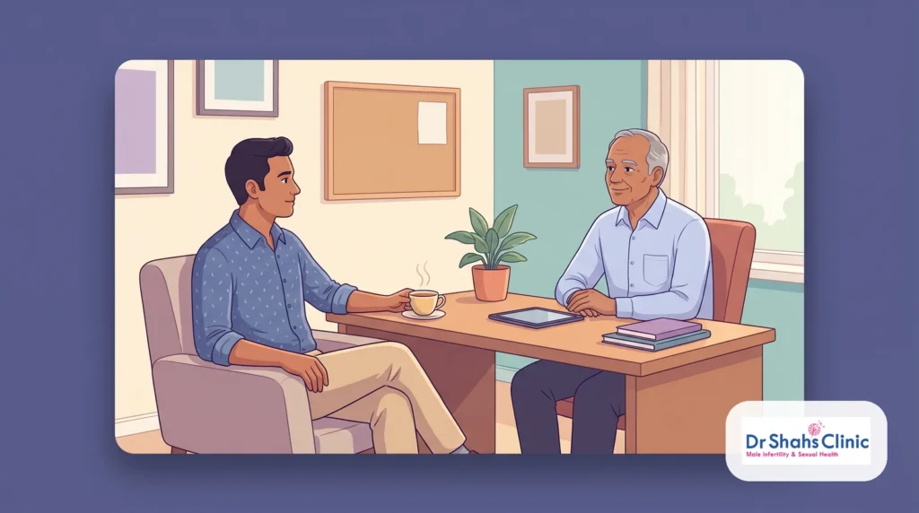 Why is my semen green — a worried man in a reassuring consultation with a calm andrologist