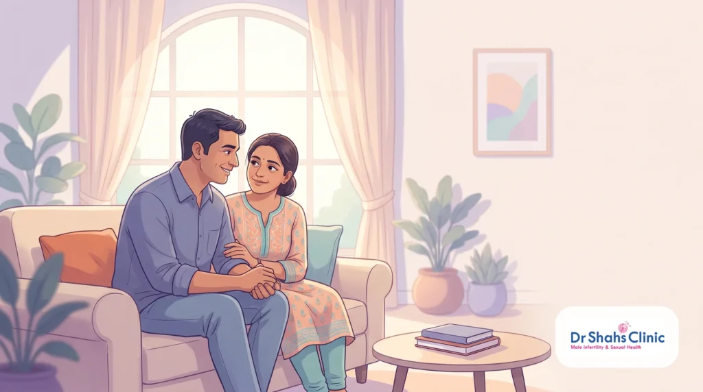 A warm married Indian couple reconnecting on a sofa, closeness returning