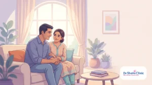 A warm married Indian couple reconnecting on a sofa, closeness returning
