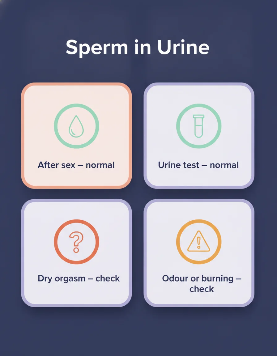 Sperm in urine — harmless vs needs a check Decision infographic sorting sperm in urine into harmless — after sex, on a routine urine test — versus needing a check: a dry orgasm, or burning and odour