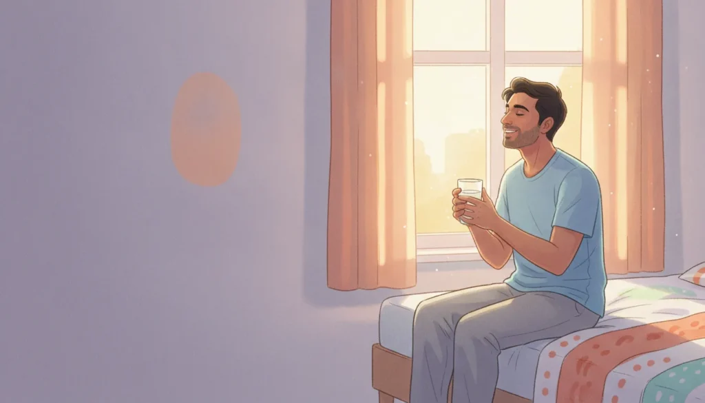 A calm, reassured Indian man by a sunlit window in the morning, conveying that sperm in the urine is usually a harmless washout, not a disease