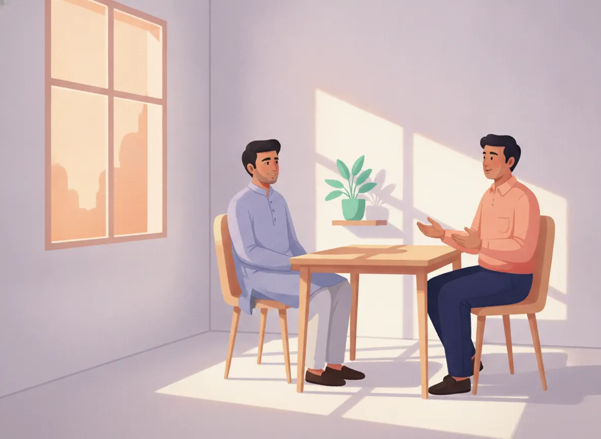 One honest consultation settles the worry about sperm in urine A reassured Indian man in a calm consultation with a friendly doctor, conveying that one honest consultation settles the worry about sperm in the urine