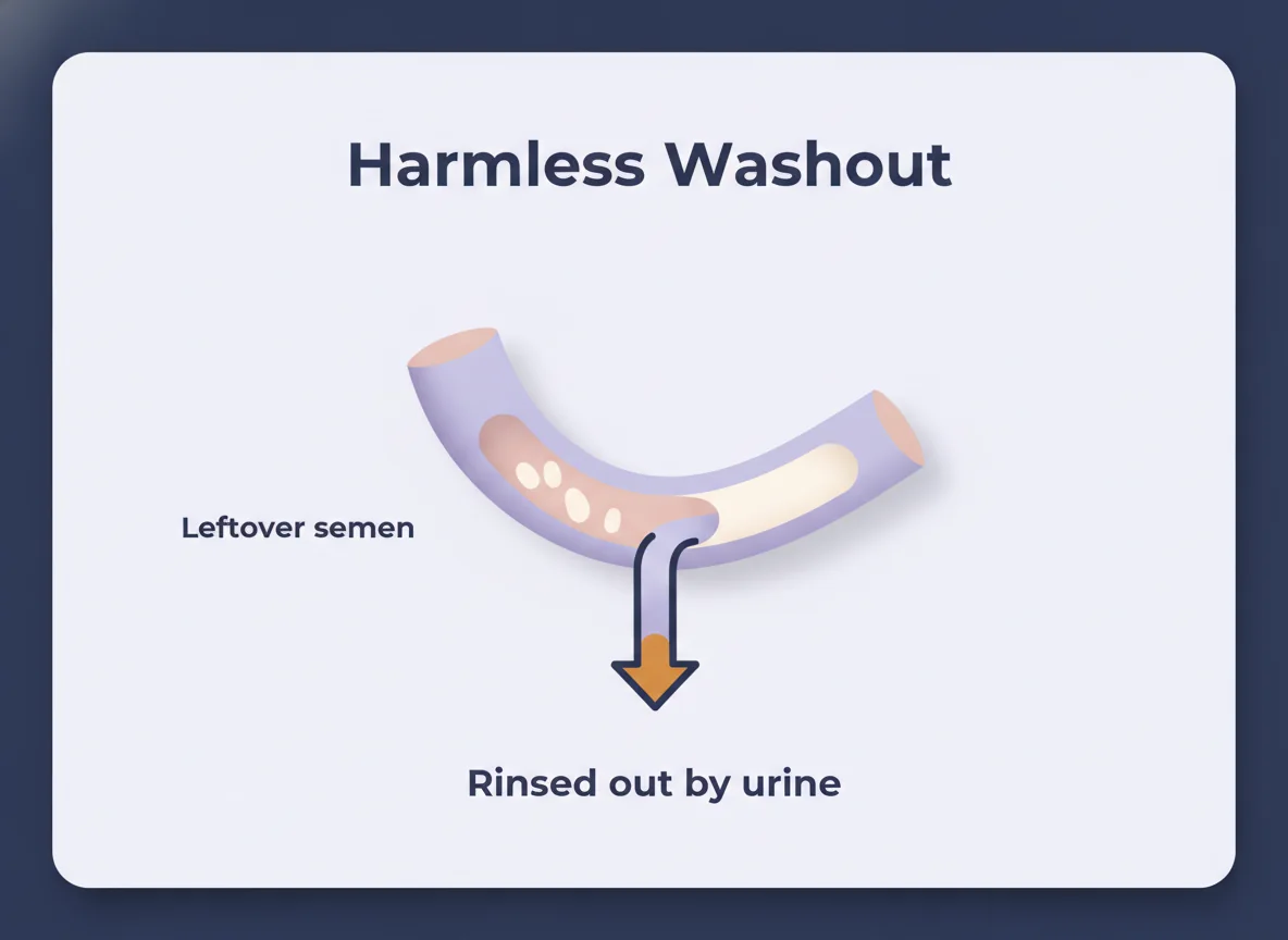 The harmless washout — leftover semen rinses out with urine Diagram of the harmless washout: leftover semen resting in the shared urethra is rinsed out by the next stream of urine